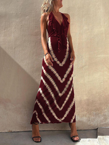 Sonicelife-Paulawow Halter V Neck Ruffle Drape Front Printed Maxi Dress