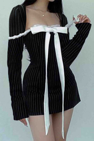 Sonicelife hoco dresses Square Neck Bow Tie Striped Long Sleeve Mini Dress