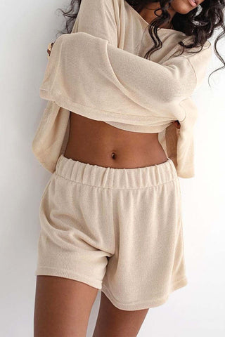 Sonicelife-Khaki Long Sleeve Shorts Two-Piece Set