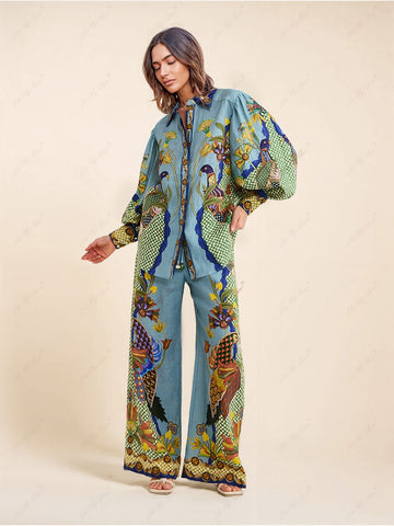 Sonicelife-Unique Holiday Printed Puff Sleeve Casual Lanyard Suit