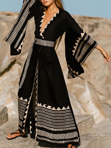 Sonicelife-Black Bohemia Slit Long Sleeve Beach Cover Up