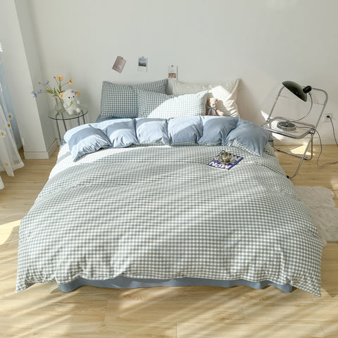 Sonicelife 2024 New Bedding Set Ins Nordic Style Blue Grid Washed Cotton 4 pcs Bed Sheet Set For Girls Duvet Cover and Pillowcase