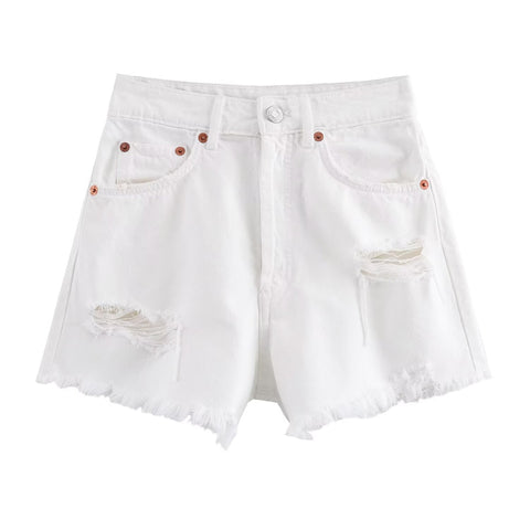 Sonicelife Women's New Shorts Fashionable Perforated Decoration High Waist Mini Ragged Edge Denim Shorts