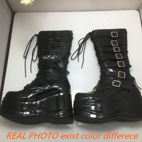 thanksgiving outfit Sonicelife Women Boots Round Toe Patent Leather Wedges 10.5cm Platform Hill 6.5cm Lace Up  Booties