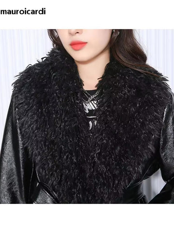 christmas outfit Sonicelife Winter Oversized Long Black Quilted Thickened Warm Pu Leather Coat Women with Faux Fur Trim Luxury Designer Clothes