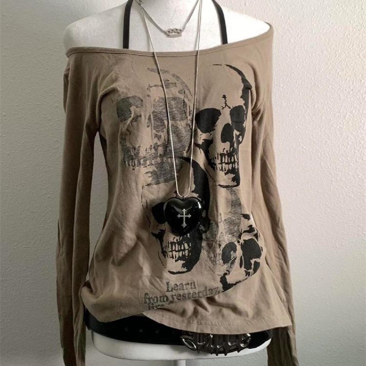 Sonicelife Skulls Punk Sexy T Shirt Women Clothes Vintage 90s Long sleeves Gothic Sweetwear Hip Hop Girl Tees Kpop Crop Tops Aesthetic Y2k