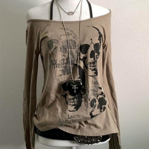 Sonicelife Skulls Punk Sexy T Shirt Women Clothes Vintage 90s Long sleeves Gothic Sweetwear Hip Hop Girl Tees Kpop Crop Tops Aesthetic Y2k