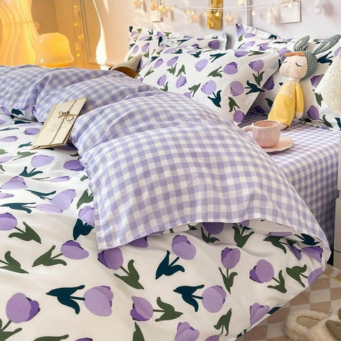 Sonicelife Floral Bedding Set Purple Tulips Ins Single Queen Size Duvet Cover No Filler Flat Sheet Pillowcase Home Hotel Bed Linens