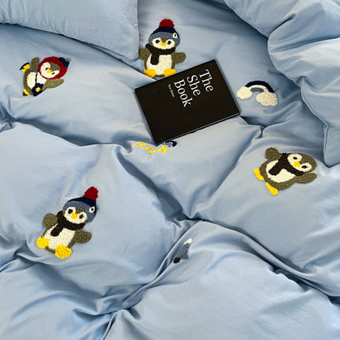 Sonicelife Penguin Diary Embroidery Bedding Set Twin Queen Duvet Cover Set Pillowcase for Adult Kids Bed Flat Sheet Cute Quilt Cover Kawaii