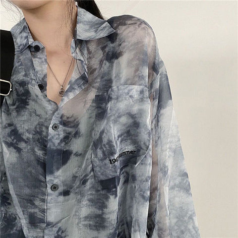 Sonicelife Vintage Shirt Women Harajuku Tie Dye Print Korean Loose Casual Chiffon Blouse Autumn Holiday Transparent Gothic Hippie Top