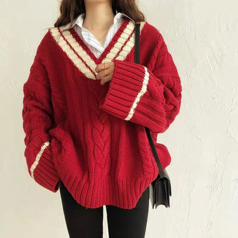 Sonicelife Oversize Sweet Women Sweaters Long Sleeve V Neck Vintage Lazy Wind Knitted Pullovers Korean Patchwork Casual Loose Jumper