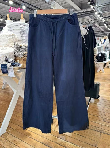 Sonicelife American Vintage Y2K Drawstring Straight Pant Navy Blue Pocket Casual Woman Trouser Fashion Sportwear Wide Lge Pant Fall Spring