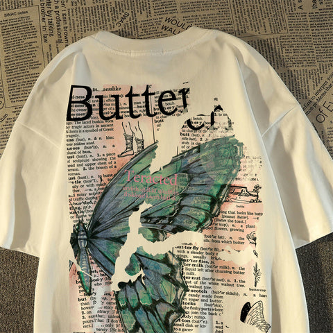 Sonicelife Vintage Patchwork Butterfly Print Oversized T-shirt
