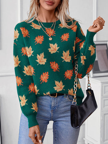 christmas outfit Sonicelife Long Sleeves Loose Contrast Color Jacquard Knitted Leaves Split-Joint Round-Neck Pullovers Sweater Tops