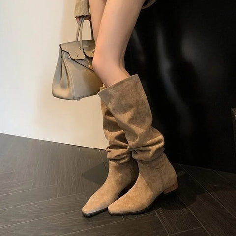 Sonicelife Sexy Mid Calf Chelsea Boots Autumn Suede Shoes Fashion Knee High Boots Pointed Toe Ankle Goth Shoes Motorcycle Botas De Mujer