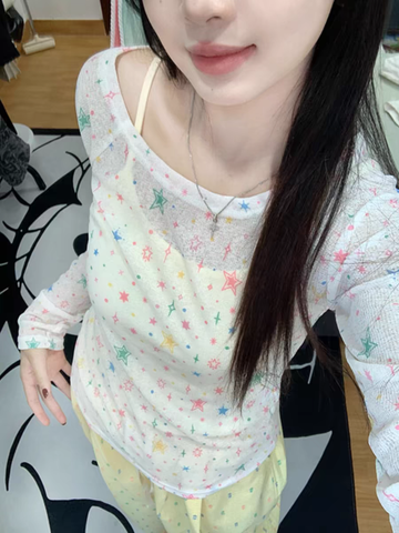 Sonicelife 2025 White Sweet Star Print T-shirt Women Harajuku Korean Y2k Tee 90s Aesthetic 2000s Fashion Vintage Slim Fashion Tops Clothes