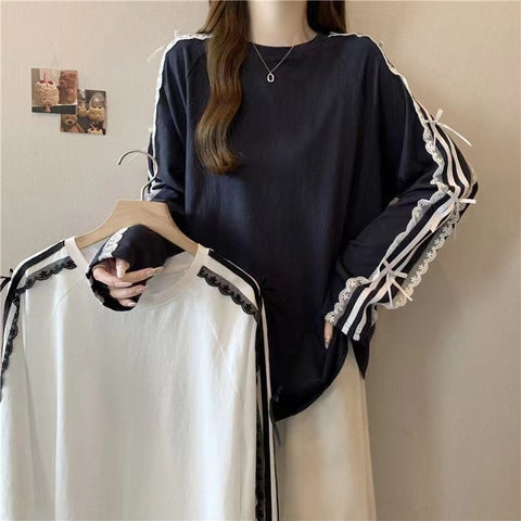 Sonicelife Sweet Loose Long Sleeve Patchwork Lace Tops Harajuku High Street Korean All Match Oversieze Women Clothing Y2k Aesthetic Tees