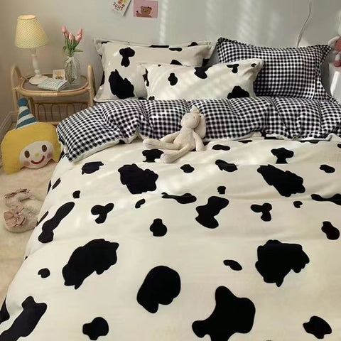 Sonicelife Korean Style Bedding Set Twin Queen Size Cute Cream Cherry Duvet Cover Flat Sheet Pillowcase Polyester Boys Girls Bed Linen