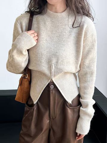 Sonicelife Retro Design Zipper Sweaters Women Casual Korean Loose Long Sleeve Knitted Pullovers Vintage Simple Solid Female Jumper Top