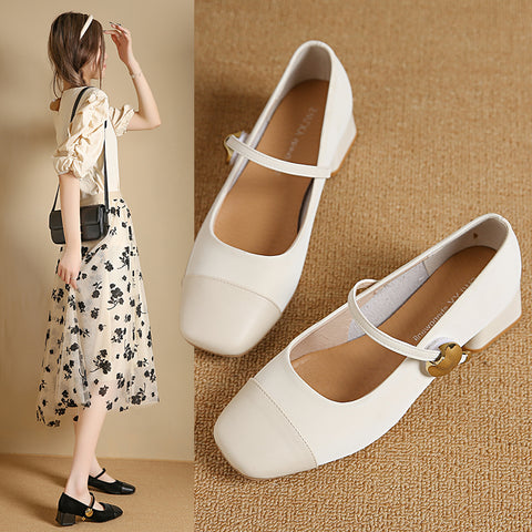 Sonicelife New Woman Sweet Square Toe Low Heels Lolita Shoes Female Cute classical Ballet Flats Lady Leather Buckle Stap Mary Janes Shoes