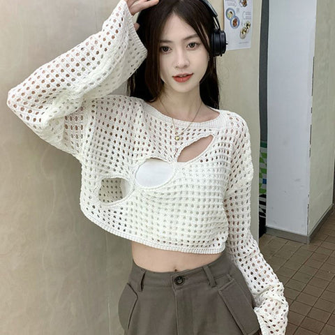 Black Friday Sonicelife Chic Hollowed Out Smock Women Long-Sleeve Solid Sexy Cropped Tops Blouse Harajuku Fashion Loose Knitted Y2K High Street Sweater