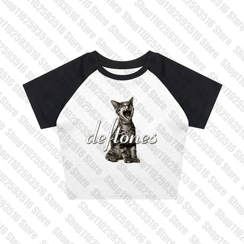 Sonicelife Aesthetic Short Sleeve T-Shirt Y2k Clothes Gothic Emo Girl Croped Tops Fun Kitten Print Vintage Women Casual Baby Tee Streetwear