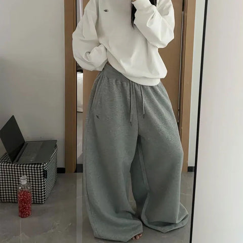 Sonicelife Oversize Cotton Pants Woman Y2K Casual Drawstring Trousers Korean Streetwear High Waist All Match Jogger Pants Grey Sweatpants