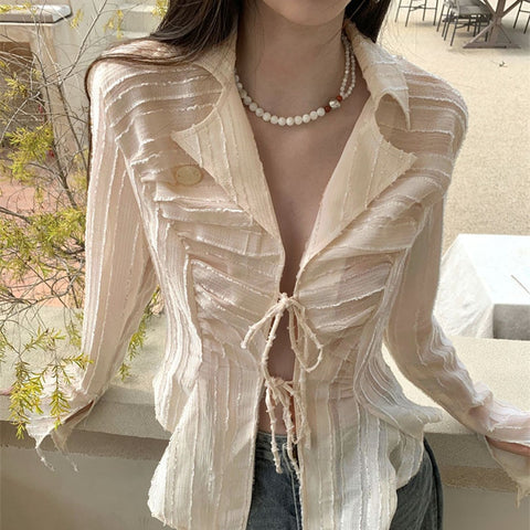 Sonicelife Sexy Lace Up Women Blouse Long Sleeve Spring New Turn-Down Collar Shirt White Y2K Korean Fashion Ladies Tops