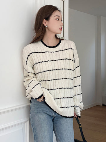 Sonicelife Korean Soft Striped Sweaters Women O Neck Lazy Wind Fashion Knitted Jumpers Fall Loose Long Sleeve Female Sweet Pullovers