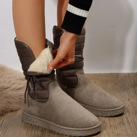 Sonicelife 2025 Platform Mid-calf Boots Womens Winter Warm Plush Suede Snow Boots Waterproof Designer Flats Lace Up  Cotton Shoe Boots