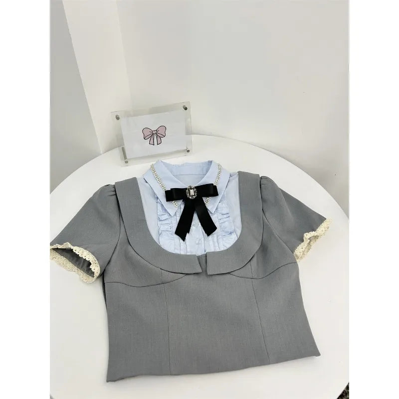 Sonicelife Preppy Style Grey 2 Piece Set Summer Women Korean Fashion Y2k Crop Tops High Waist Kawaii Slim Mini Skirt Hot Girls 2000s