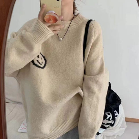 christmas outfit Sonicelife Smiley face jacquard pullover sweater coat Korean style loose round neck long sleeve knitted bottoming shirt casual y2k tops