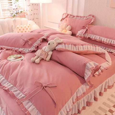 Sonicelife Green Bedding Sets Kawaii Seersucker Bed Sheet Pillowcase Fashion Girl Princess Duvet Cover 4 Pieces Cute Home Decoration