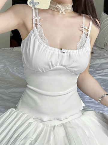 Sonicelife Fairycore Grunge Y2k White Camisole Women Sexy Pastel Goth Soft Sweet Cute Lace Patchwork Corset Crop Tank Tops Female