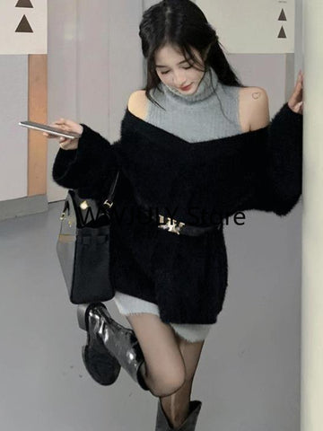 Sonicelife 2025 Autumn Elegant Knitted Suit Woman Black Sweater Tops Slim Bodycon Sleeveless Dress Casual Y2k Mini Dress Korean Fashion Set