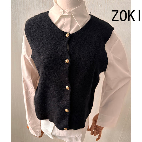 Sonicelife Gold Buttons Cardigan Vests Women Vintage Simple Sleeveless Gray Knitted Jackets Vest Fall Casual Lady Slim Harajuku Tops