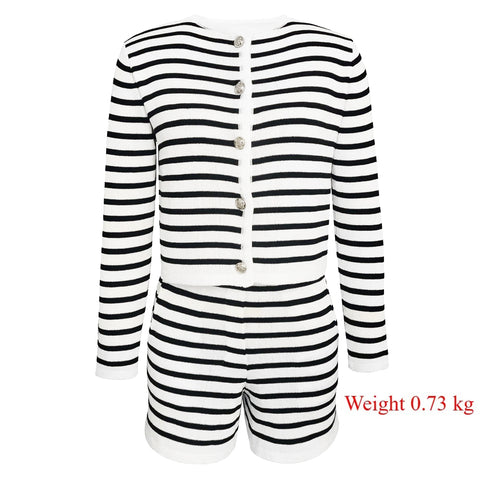 christmas outfit Sonicelife Autumn Black and White Striped Shorts Set Women Fashion Striped Sweater Cardigan and High Waist Sets Casual Outfit