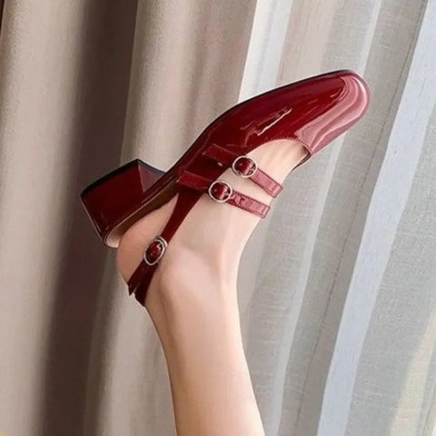 Sonicelife Classic Red Mary Jeans Woman Patent Leather Med-High Heels Sandals Two Buckle Belt Strap Shoes Femme Slingback Lolita Footwear