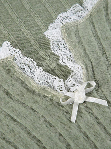 Sonicelife-Lace Trim Notch Neck Irregular Cropped Long Sleeve Knit