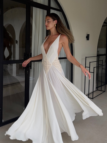 Sonicelife Summer Elegant V Neck White Maxi Dress For Women Fashion See Through Sling Long Dresses New Lady High Street Holiday Robes 2025