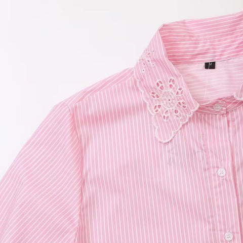 Sonicelife Striped Shirt with Hollow out Embroidery for Women Sweet Temperament Single Breasted, Long Sleeved Top Pink New