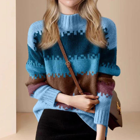 Sonicelife Retro American Striped Sweaters Women Casual Loose Streetwear Knitted Pullovers Fall Vintage Lady Turtleneck Design Jumpers