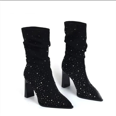 Sonicelife Autumn Winter Knee High Heels Women's Boots Bling Rhinestone Fashion Sexy Banquet Women's Shoes Comfortable Suede Boots Large