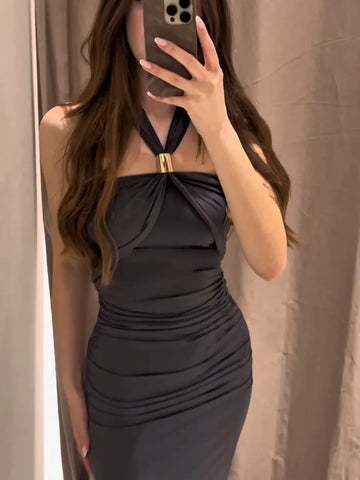 Sonicelife Elegant Sleeveless Backless Solid Color Midi Vestidos Woman Fashion Metal Ring Pleat Long Dresses New Summer Slim Fit Lady Robes