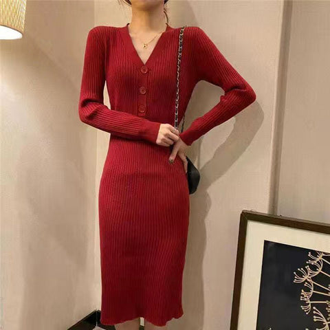 Black Friday Sonicelife Knit Dress Women Elegant Korean Autumn Winter Long Sleeve V-Neck Button Slim Skirt Fashion Stretch Sweater Office Lady Dress