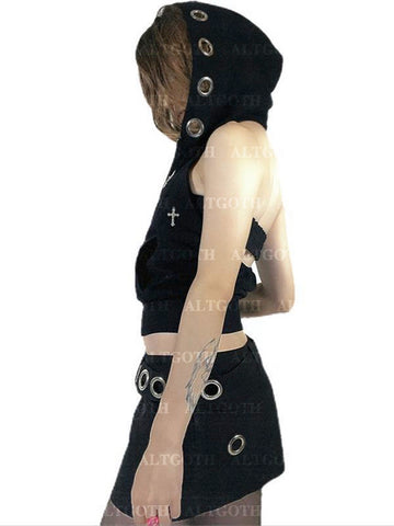 Sonicelife Streetwear Gothic Dark Vest Women Harajuku Y2k E-girl Cyberpunk Cross Hooded Crop Tank Top Emo Alt Grunge Outfits Female