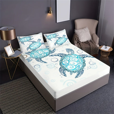 Sonicelife Fashion Style Sea Turtle Print Fitted Sheet Set Mattress Covers Comfortable Breathable Bedding Set With Deep Pocket for Bedroom