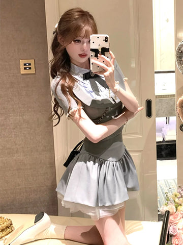 Sonicelife Preppy Style Grey 2 Piece Set Summer Women Korean Fashion Y2k Crop Tops High Waist Kawaii Slim Mini Skirt Hot Girls 2000s