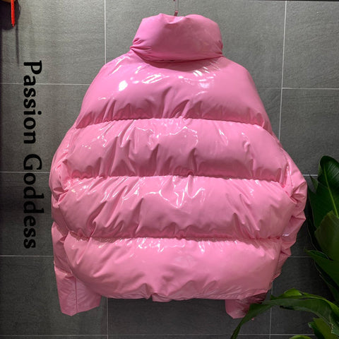 Sonicelife Winter Women Bright PU Pink Puffer Jacket Thick Bubble Coat Zipper Glossy Leather Down Parka Outerwear Stand Collar Loose Jacket