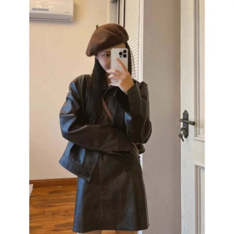 thanksgiving outfit Sonicelife Vintage American Style Leather Jacket And Skirt Set Two-Piece Autumn/Winter Outfit Coordination Complete Set Women's Fashion